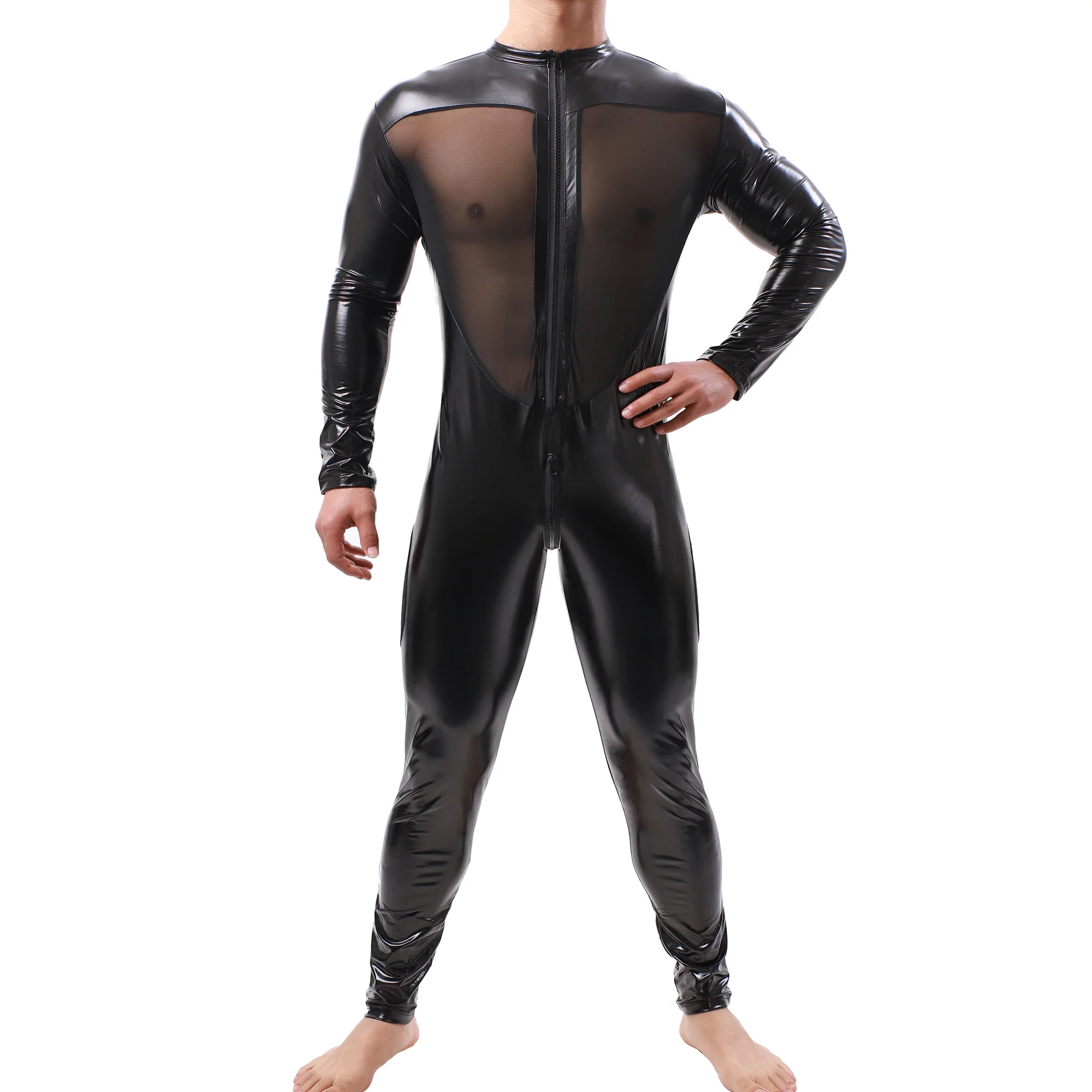 

Patent Leather Men's Sexy Long Sleeve Leotard Zipper Open Crotch Catsuits Wrestling Singlet Jumpsuits Party Clubwear Bodysuits