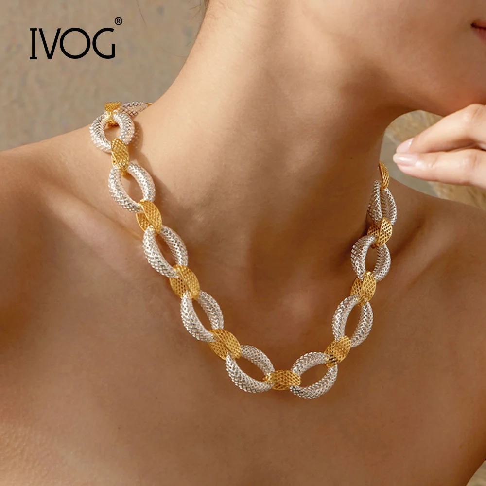 IVOG Women Two-tone Hollow Mesh Interlocking Link Necklace Brass Toggle Chain Daily Wear Party Statement Jewelry Gift