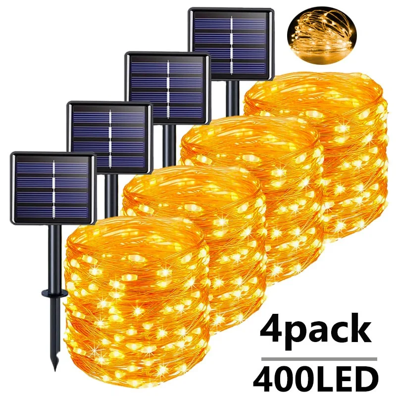 Guirnalda de luces solares para exteriores, decoración de alambre de cobre, luces de hadas navideñas impermeables para jardín, Patio y boda, 400LED,