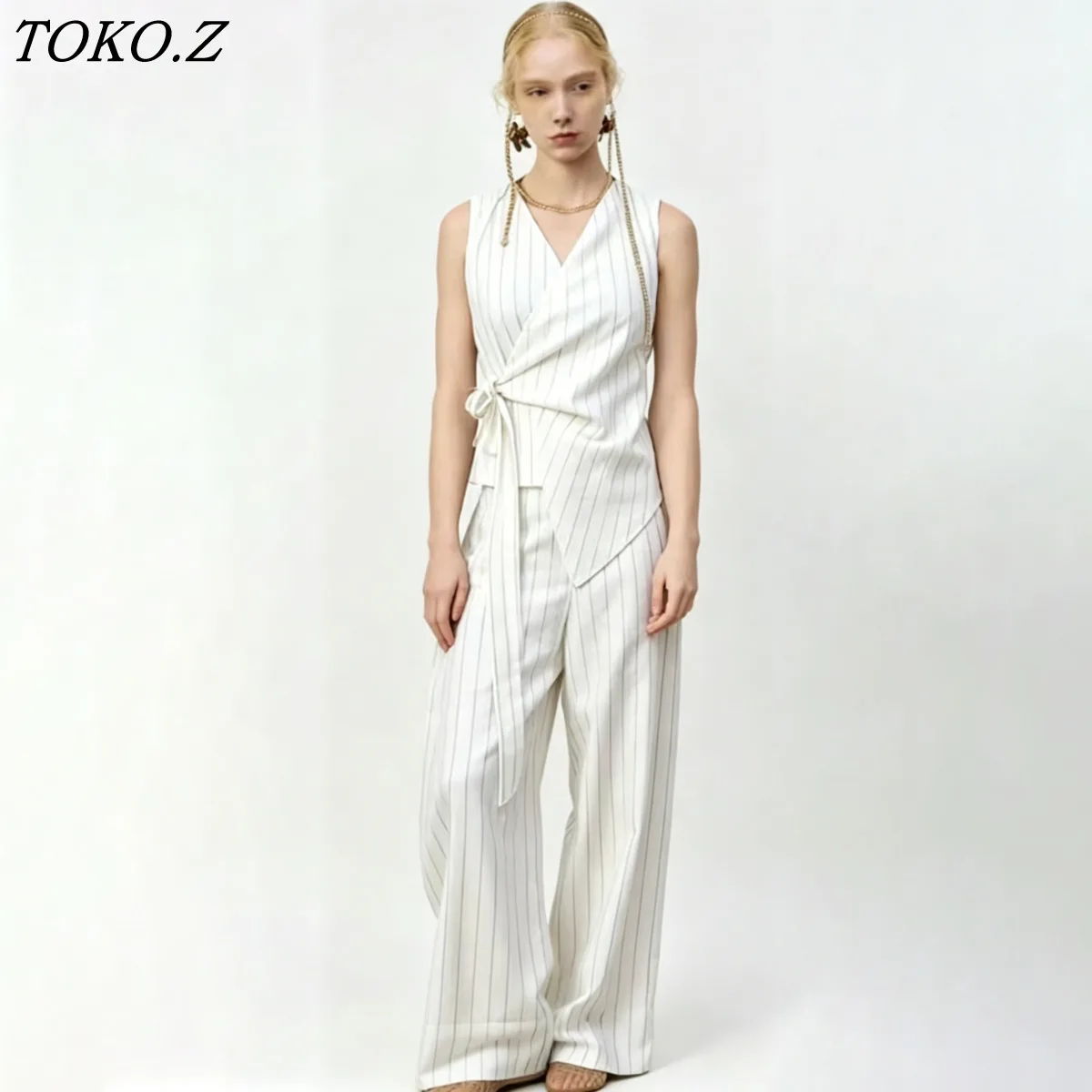 

TOKO 2026 New Women Fashion Striped Two Piece Set Wrap Tie Waist Vest High Waist Wide Leg Pants Elegant Casual Outfit