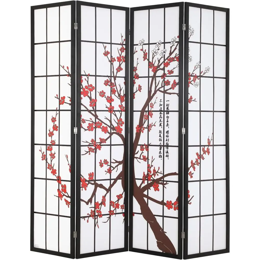 4-Panel Asian-Style Tall Portable Wood Room Divider with Floral Design
