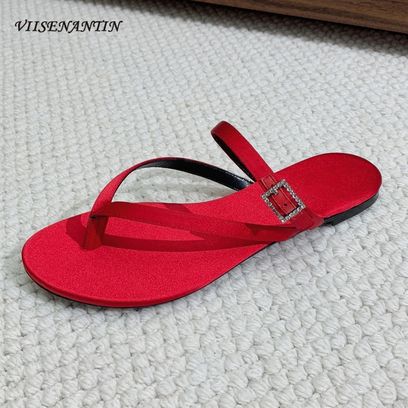 

Luxury Design Silk Satin Flip Flops Narrow Band Clip Toe Flat Heel Outdoor Slides Shoe Slip on Outside Wear Slippers Sandal Pink