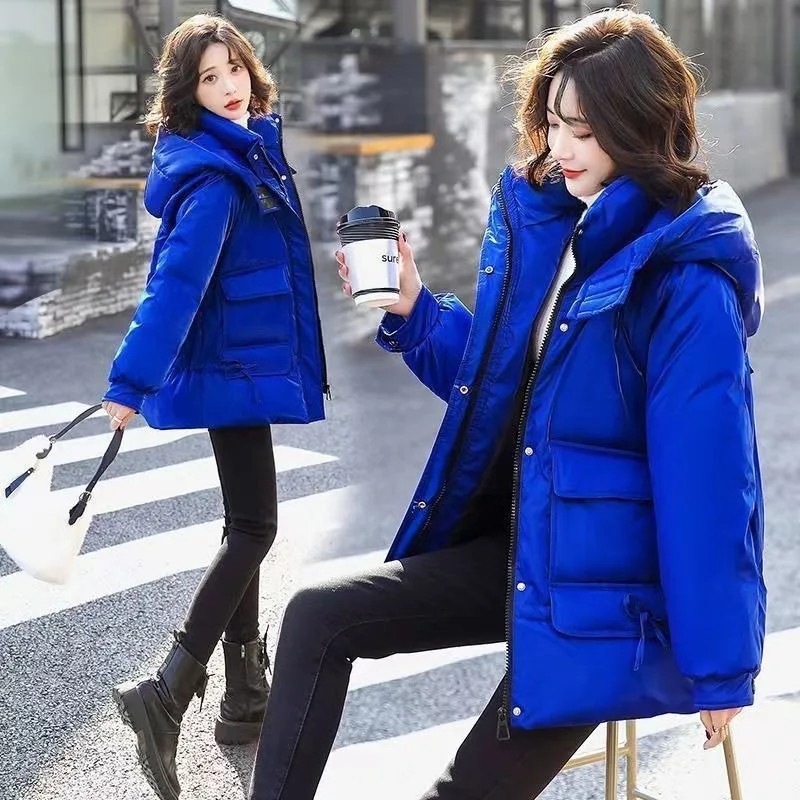 Large Size Cotton Jacket Winter Glossy Washable Female New Korean Loose Thickened Warm Coat Tide Feather Cotton Hooded Zip-up