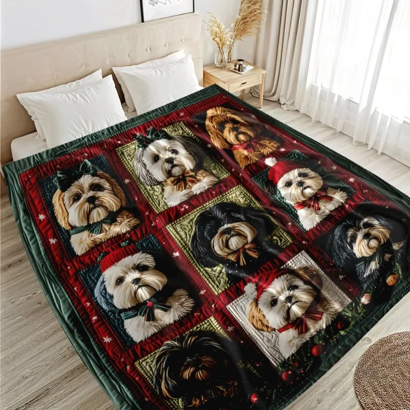 Shih Tzu Dog-Themed Blanket with Festive Christmas Design - Cozy Flannel Throw Featuring Adorable Shih Tzu Portraits
