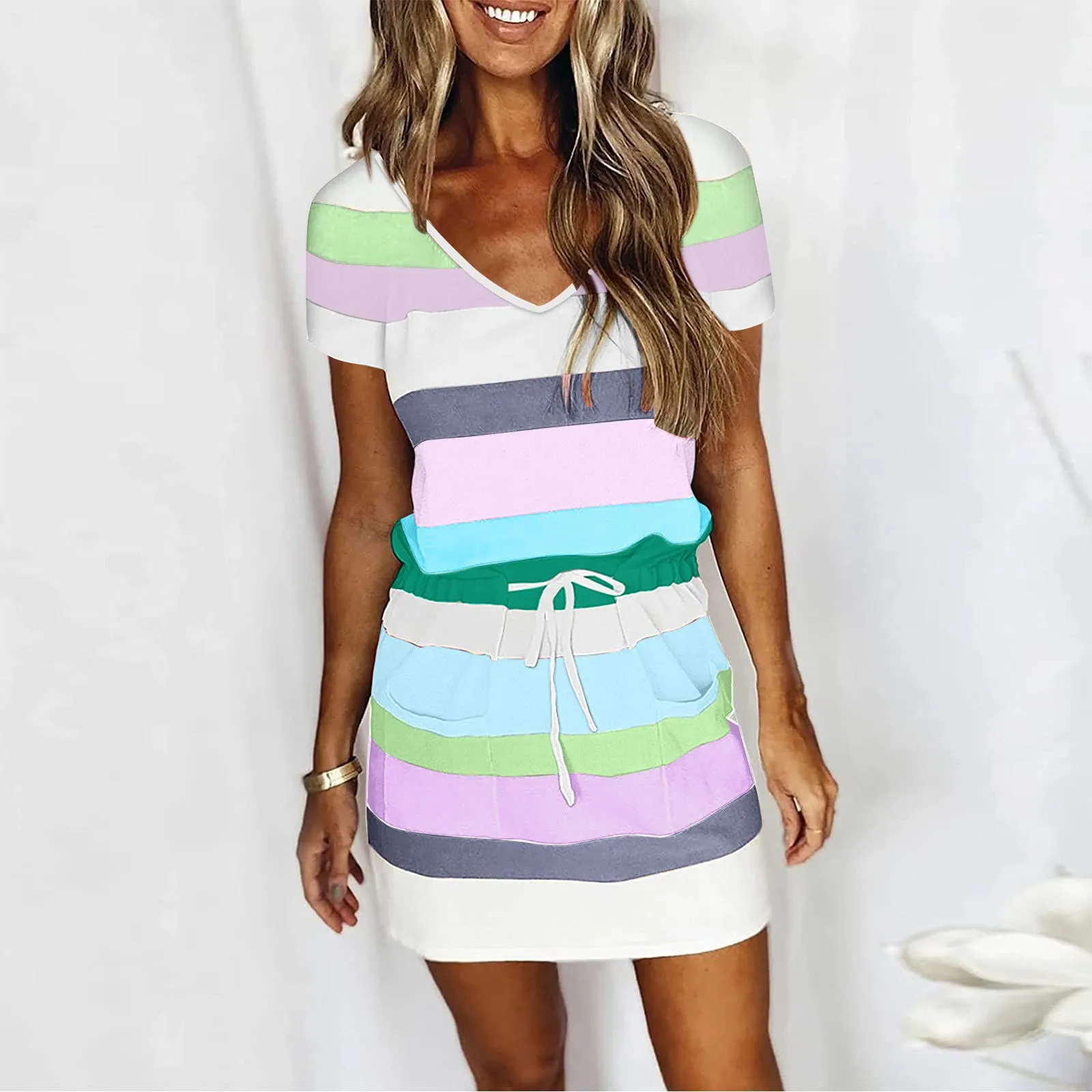 

2024 New Stripe Design Print Slim Dress Daily Summer Women's Lace Mini Dress Sexy Short Sleeve Dress V Neck Casual Short Dress