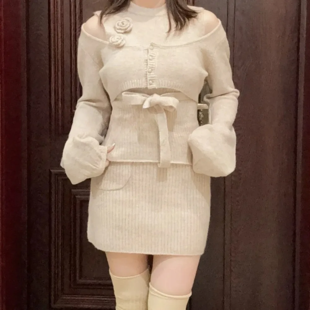 

Off Shoulder Lace Up Sweet Set Pullover New Elegant Luxury Three-piece Set Japan Short High Waist Knit Slim Sling Skirt