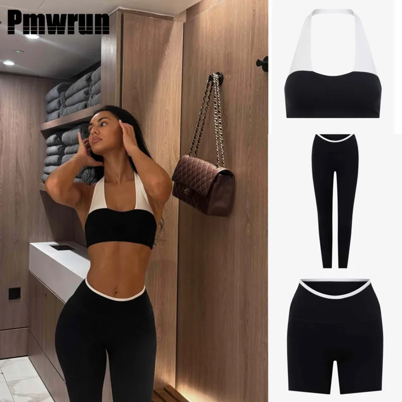 PMWRUN Damen-Yoga-Set mit Neckholder, dreiteilig, Sport-BH mit Kontrastbesatz, Shorts und Leggings, dehnbar für das Fitnessstudio