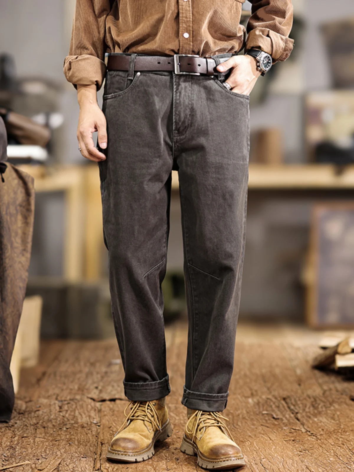 

Retro American Simple Men's Jeans Loose Straight Leg Spring Autumn ey Elastic Long Pants Cotton Stretch Denim Casual Wear