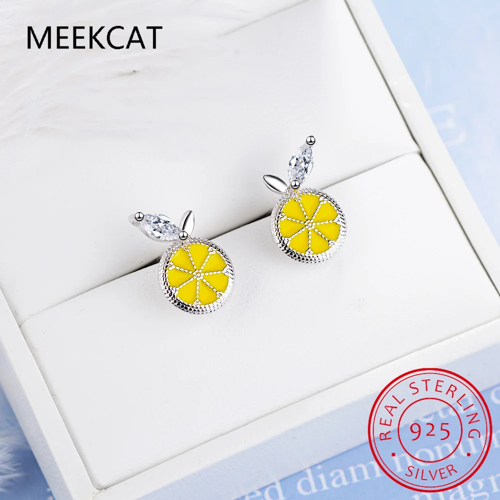925 Sterling Silver Prevent Allergy Crystal Lemon Stud Earrings for Women Gift Jewelry Pendientes Brincos de Prata
