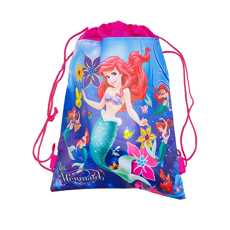 Disney Mermaid Gift Bag Non-woven Kids Girls Birthday Party Gift Shopping Bag Drawstring Backpack Festival Ariel Party Supplies