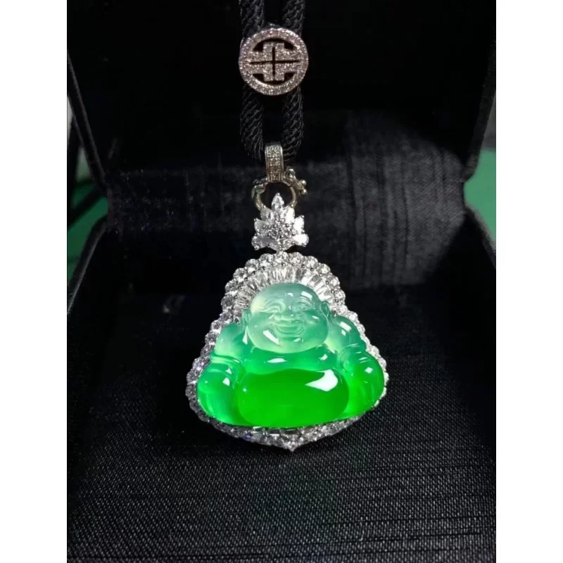 Natural Full Green Ice-like Jadeite Jade Buddha Pendant Myanmar 18K Gold Inlaid