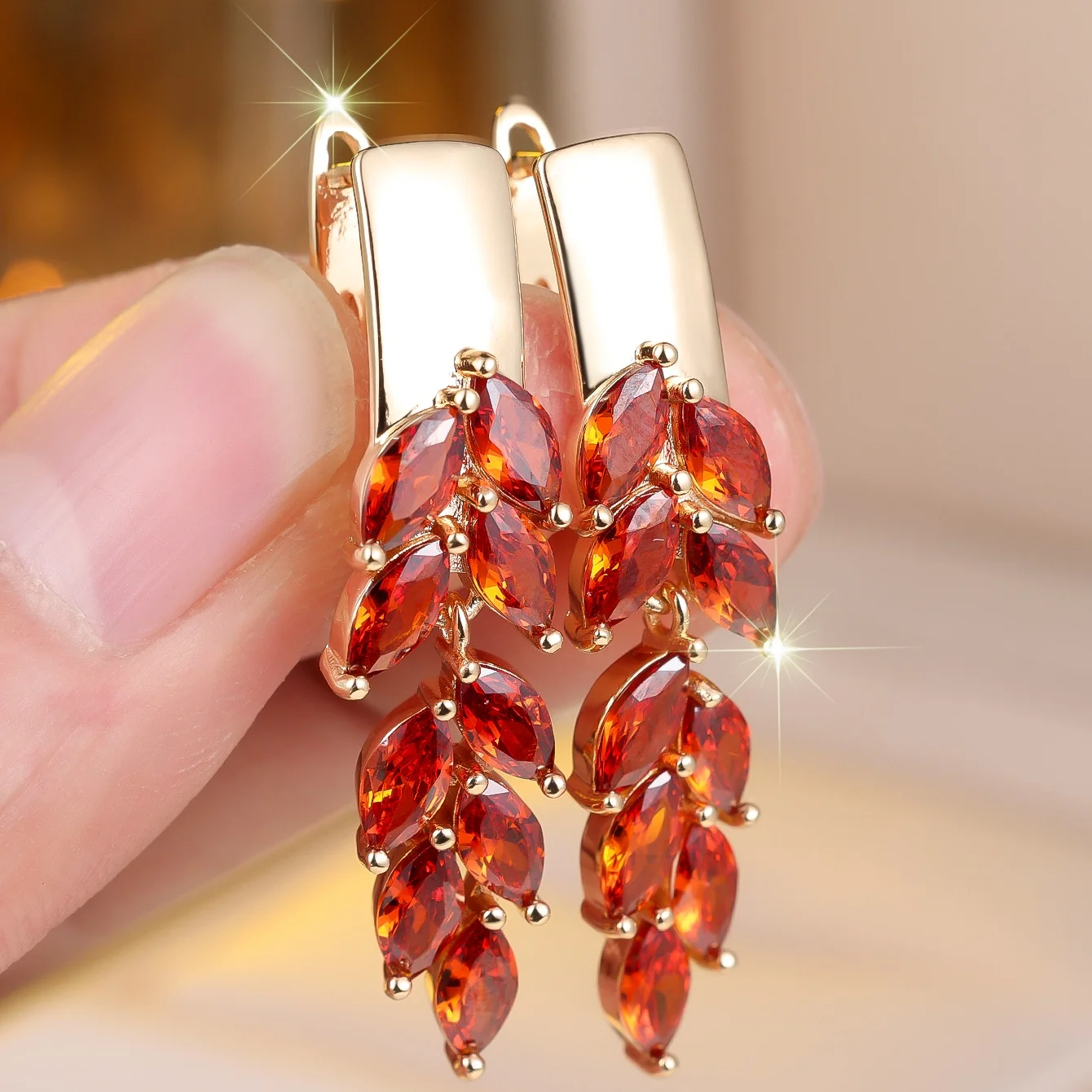 Crystal Red Zircon Stone Leaf Hoop Earrings For Women Vintage Gold Color Wedding Jewelry