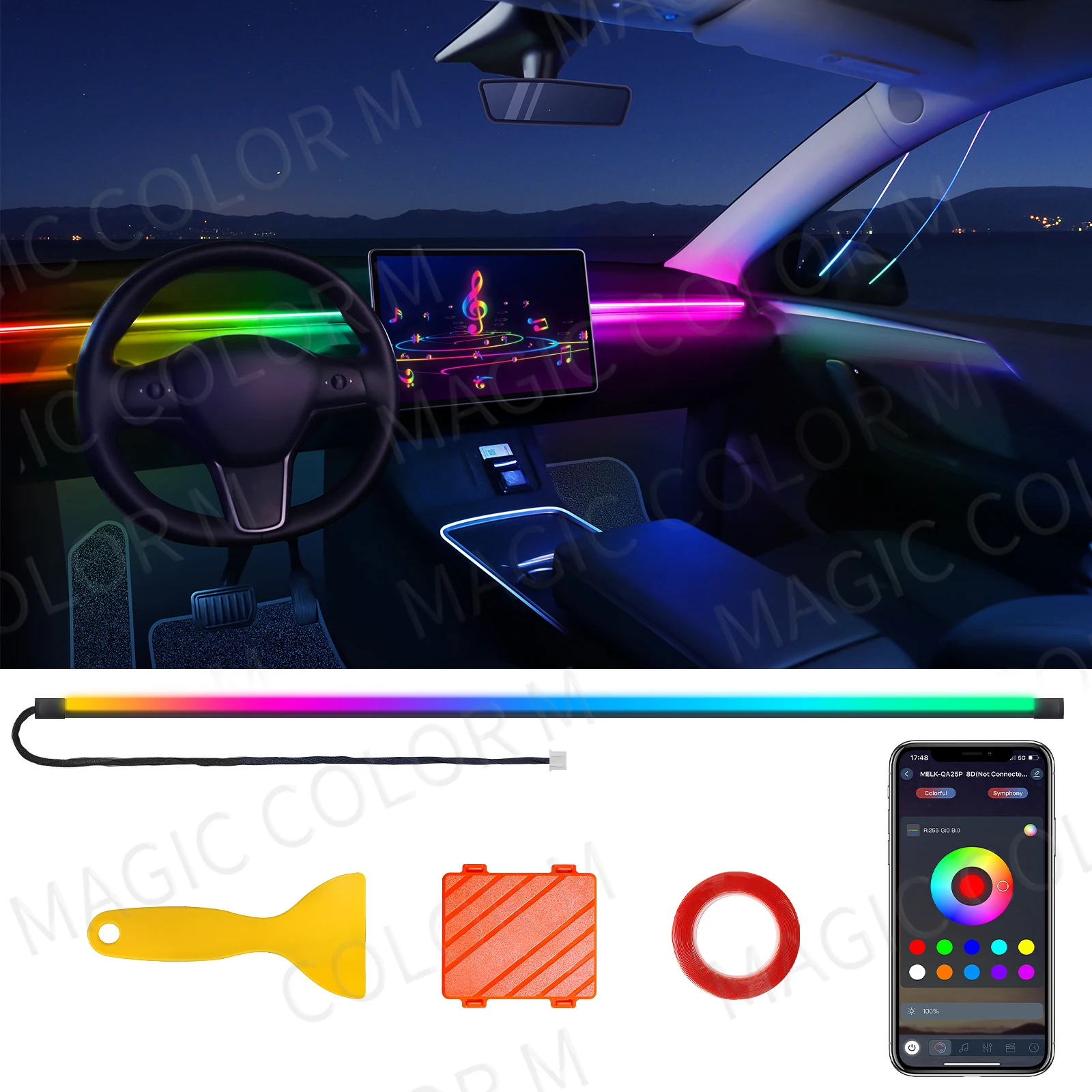 مصباح أمامي 78 بوصة ، لوحة قيادة للسيارة ، ضوء محيط السيارة ، واقي رياح 64 لون RGB ، مصباح الجو الداخلي السيمفوني ، تحكم بتطبيق #1