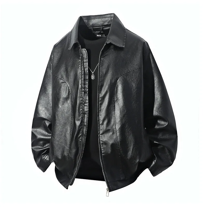 

Large Size Men's PU Leather Jaet Mermaid Collar Haome Workwear Outerwear Loose Fit Long Sve Regular Thin