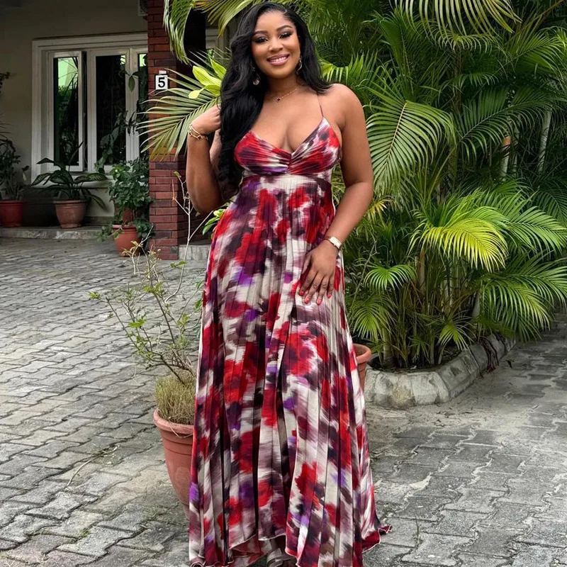 

2025 New African Printed Pleated Sling Long Skirt For Foreign Trade European And American Plus Size Sexy Dress Women