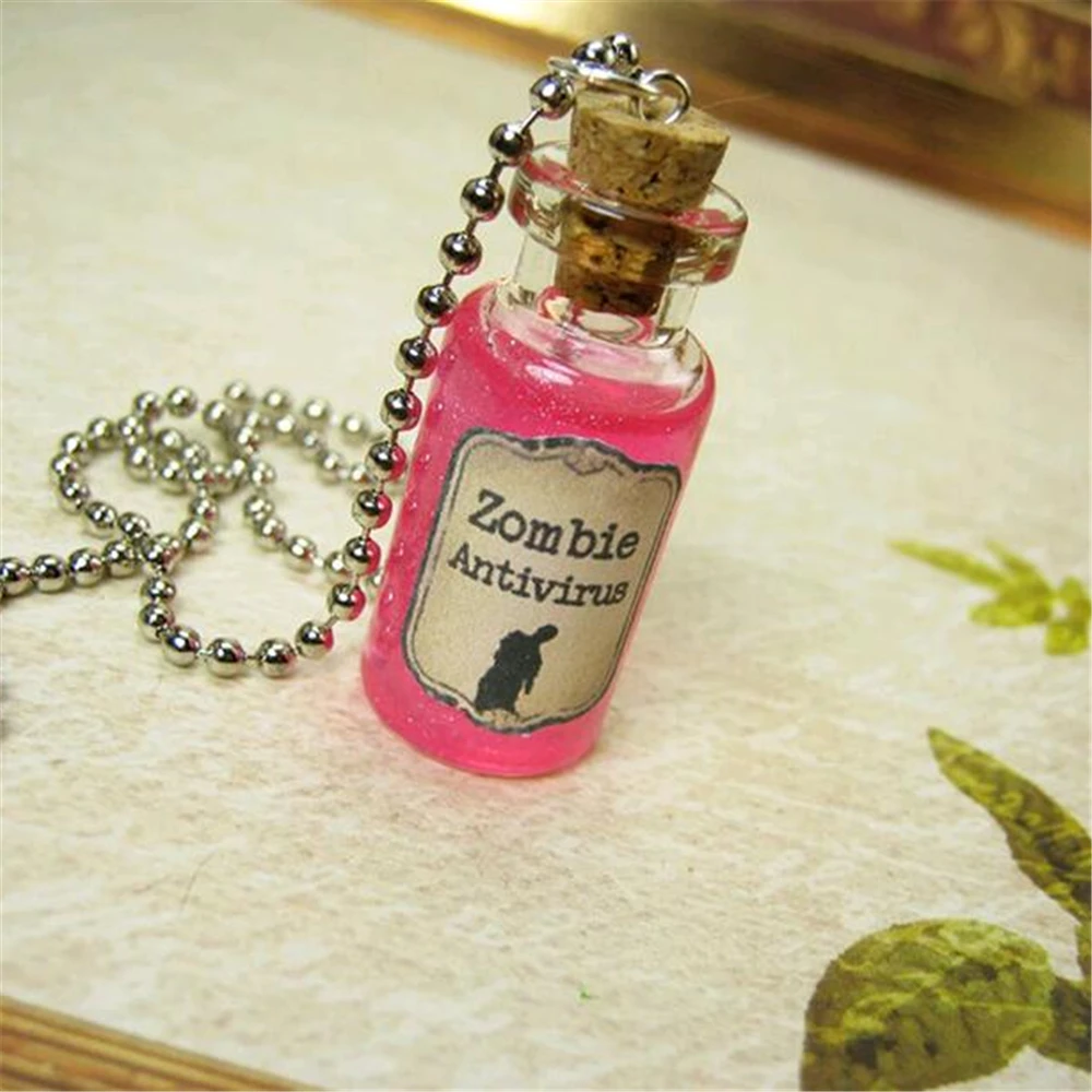 Zombie Antivirus Glass Bottle Necklace Charm Anti-Virus Vial Cork Pendant Zombie Antidote Cure Walking Dead Christmas Potion