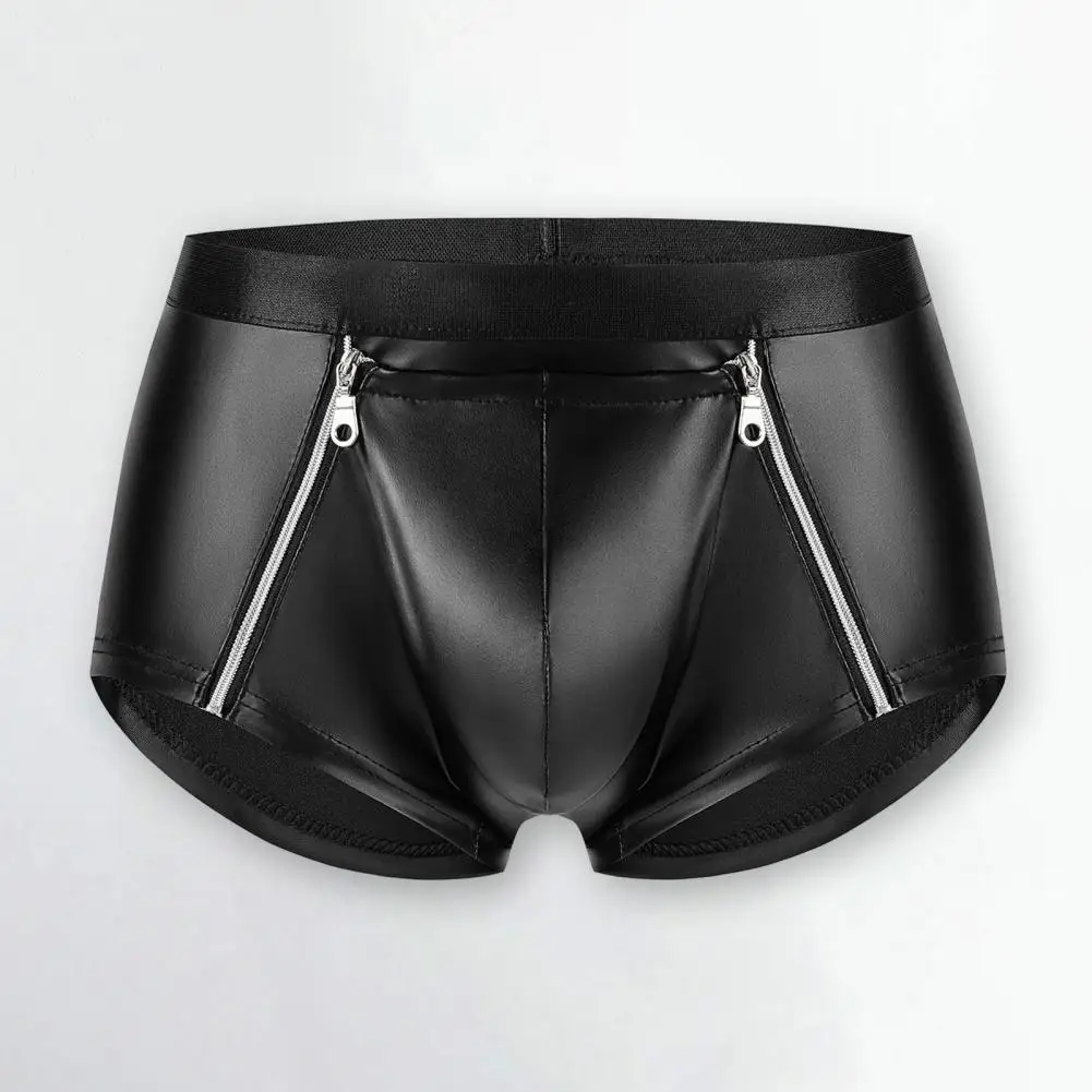 Men Sexy Double Zipper Underwear Elastic Mid-rise Hot Shorts Bulge Pouch Shorts Panties Smooth Matte Slim Fit Clubwear Underwear