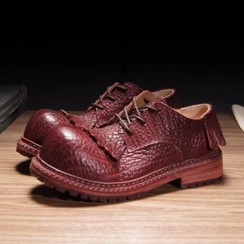 Handmade Derby Shoes Men's High End Genuine Leather Tassel Brown Thick Sole Work Leather Shoes Male Business Retro Trendy