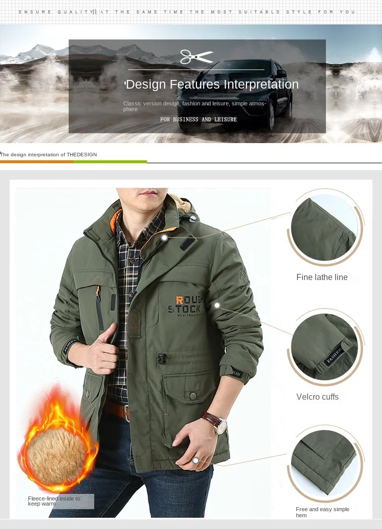 2024 Autumn/Winter New Men's Parka Coat Outdoor Mountain Climbing and Skiing Lined fleece-lined Windproof Warm Cotton Jacket