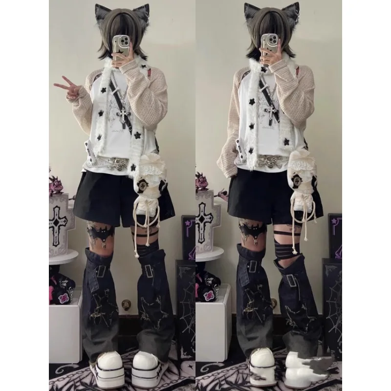 Bufanda de estrellas para mujer, bufandas de punto de subcultura, dulce y fresco, Y2k, Harajuku, blanco, Cosplay, otoño e invierno, 2024