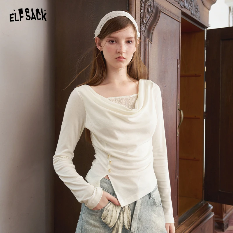 ELFSACK Women's Cowl Neck Long Sleeve Top with Lace Detail, Asymmetrical Hem Fitted Tee, Elegant Casual Wear