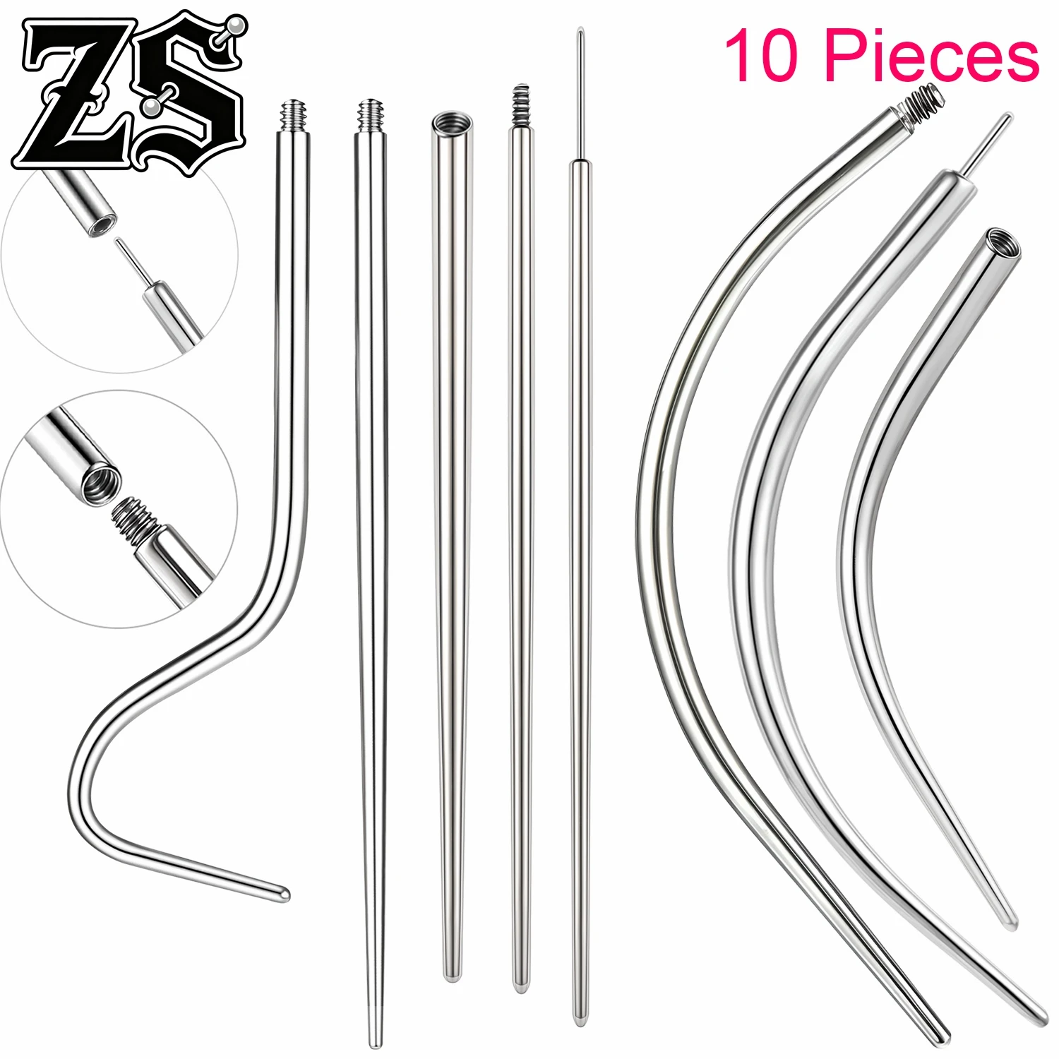 ZS 1-10PCS/LOT 12/14/16/18/20G Stainless Steel Guide Rod Connecting Pin Needles Curved Nose Ear Navel Lip Eyebrow Piercings Tool