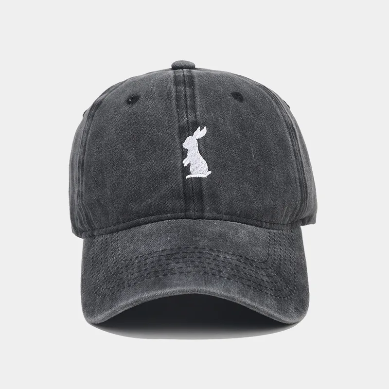 2023 New Vintage Washed Cotton Denim Baseball Cap Cartoon Embroidery Rabbit Cute Snapback Outdoor Sun Hats For Men Women