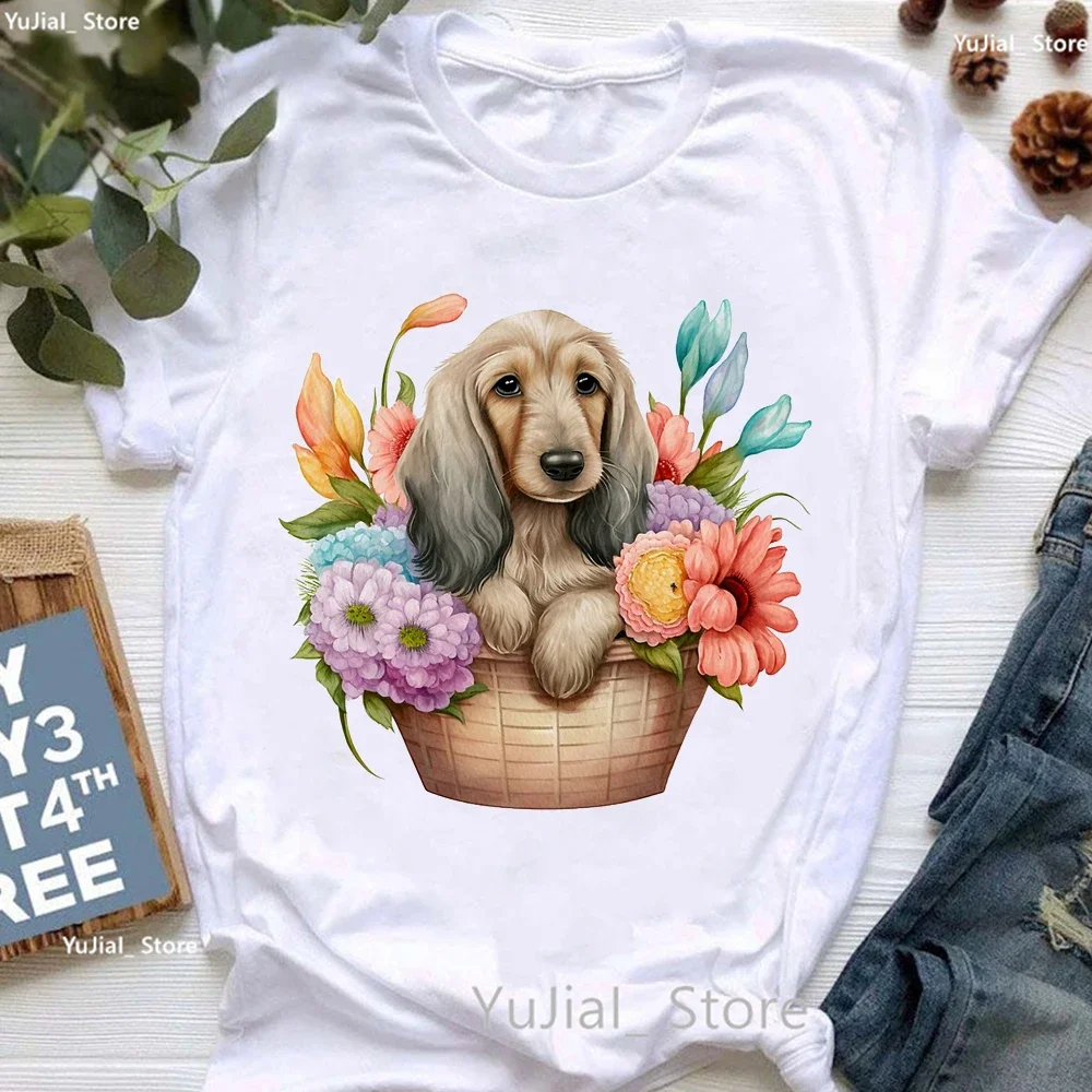 

Dachshund Love Flowers Animal Print T Shirt Women Kawaii Greyhound/Bernese Mountain/Pug/Poodle Puppy Tshirt Girls Kawaii Clothes