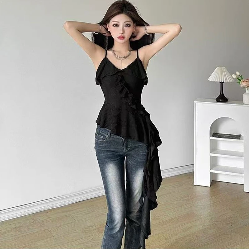 

Летняя женская одежда: Сексуальный укороченный топ-безрукавка с открытой спиной и длинными оборками, черный/белый