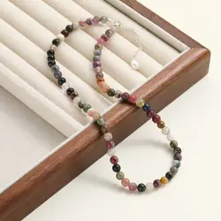 6-7mm Natural Tourmaline Necklace 925 Sterling Silver Multicolor Stones Beaded Fashion Elegant  Jewelry Gift Hot for Women