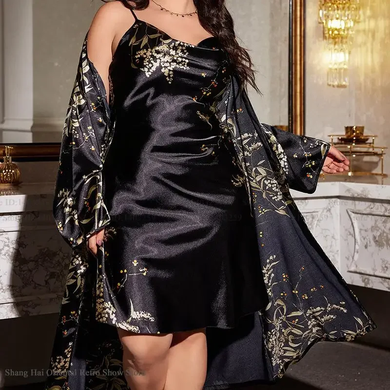 プラスサイズ-レディース-ローブ2点セット-ネグリジェ-春夏新作-パジャマ-ロング着物風バスローブ-プリント-チェリー-サテン-ホームウェア-ランジェリー