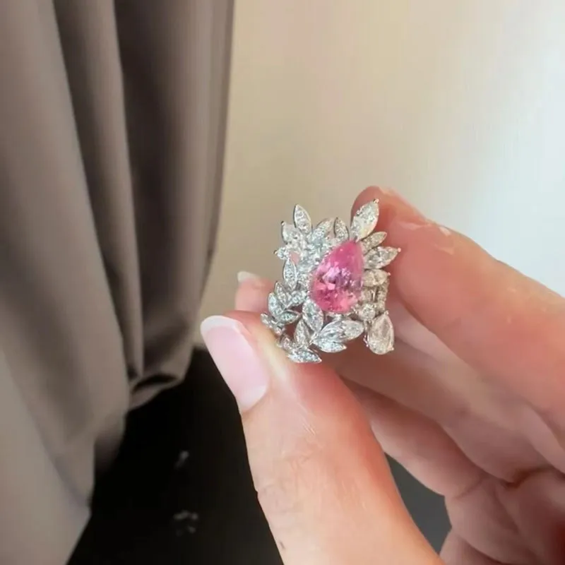 925 Sterling Silver Dazzling Fashion Full Diamond Open Mouth Women'S Ring High-End Romantic Sweet Pink Gemstone Ring Jewelry