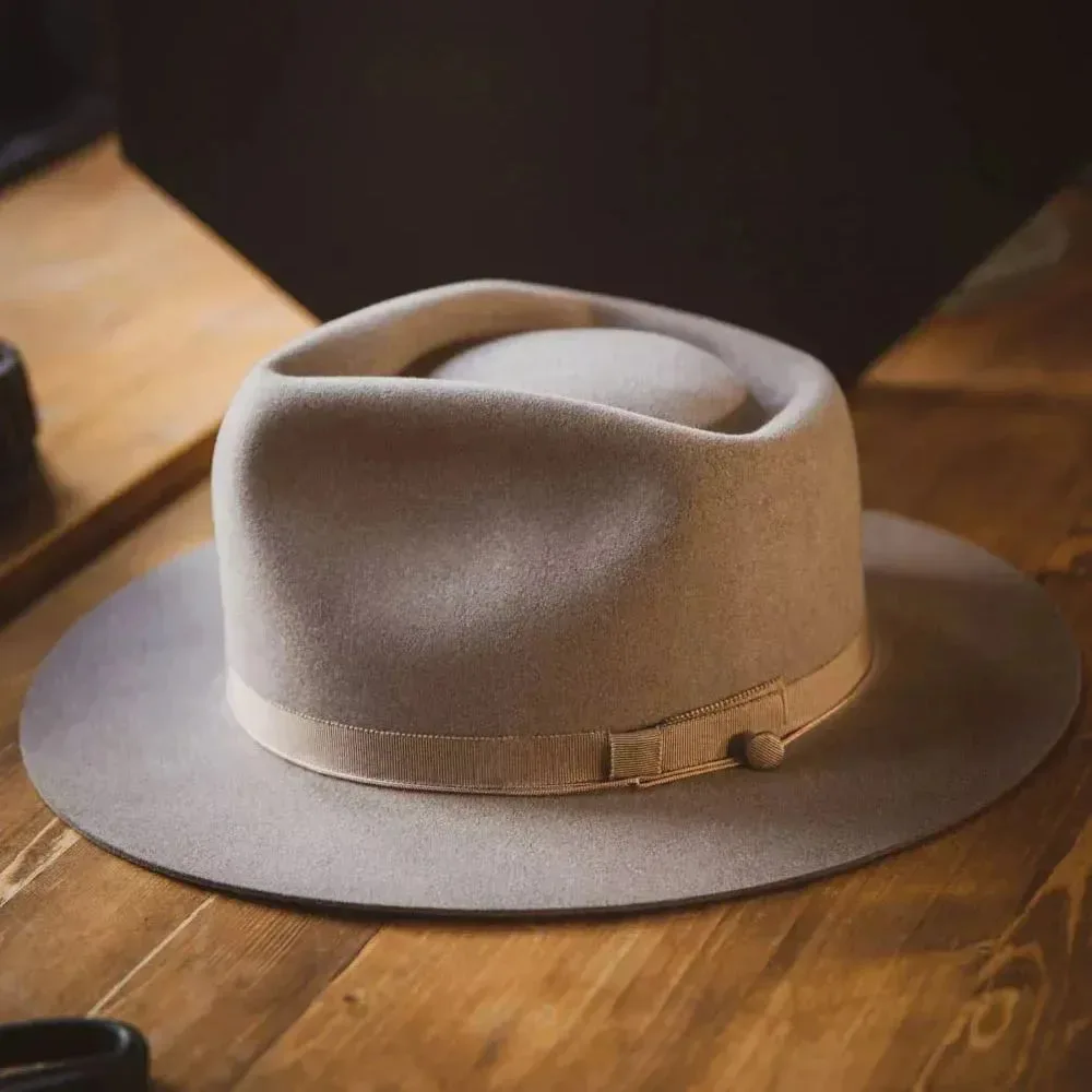 French-Style Hat, Autumn and Winter Camel-Colored Pure Wool Felt Hat with Ribbon Decoration