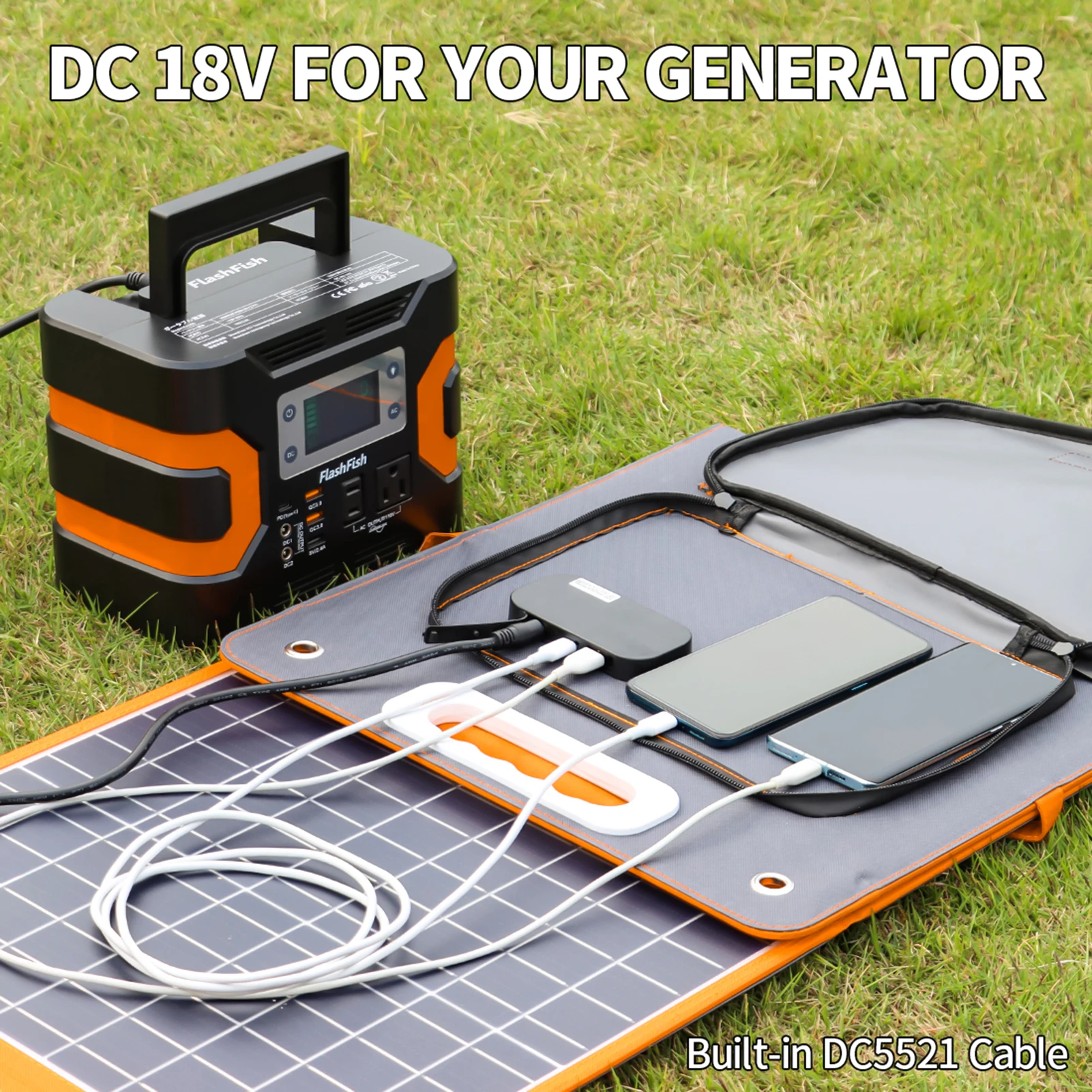 Flashfish 18V 100W Foldable Solar Panel Portable Solar Charger DC Output Power Station PD Type-c/QC3.0 Output Port for Camping