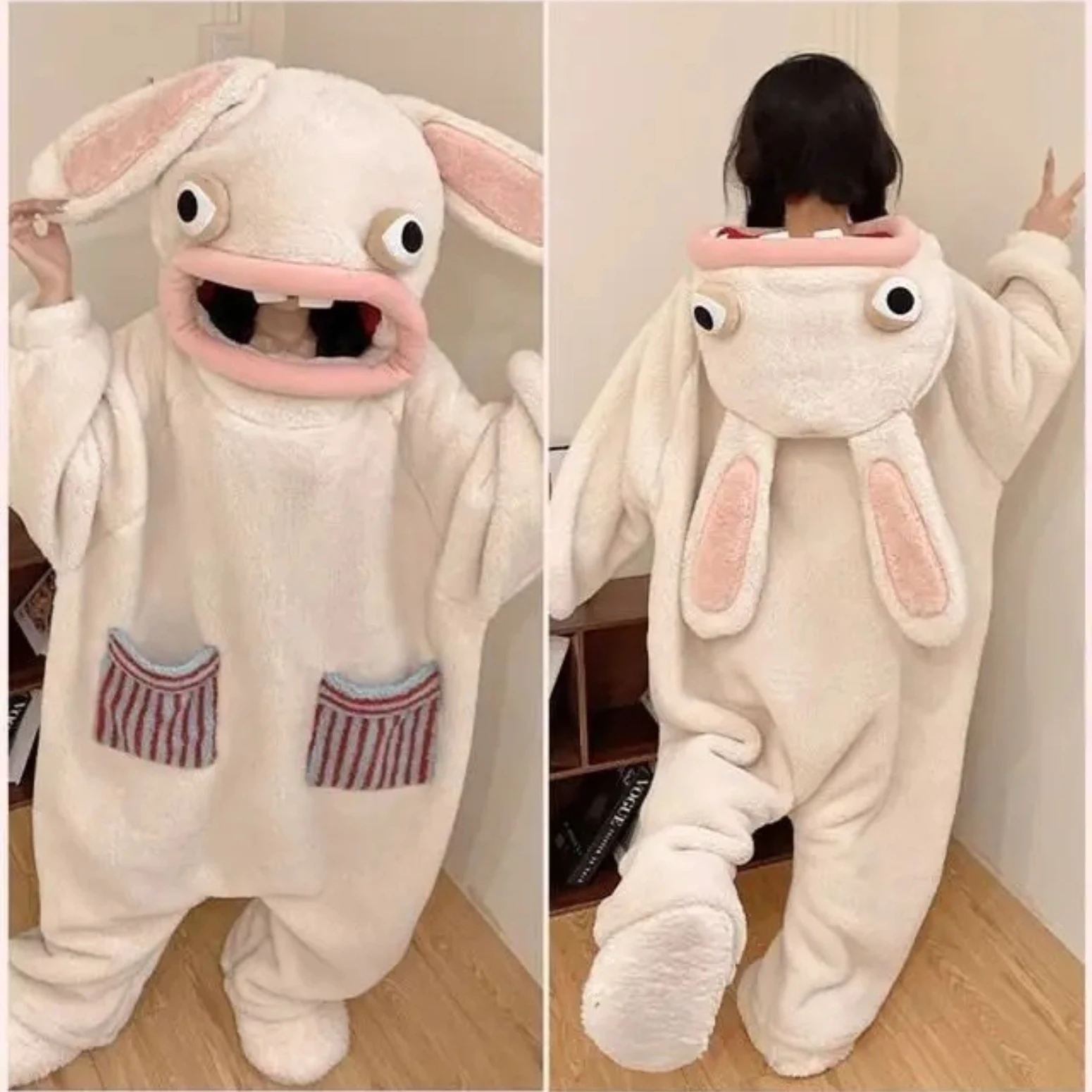 Rabbit Cosplay  Anime Flannel Jumpsuit Adult Long Sleeve Long Pants Hooded Warm Cute Cartoon Style Homewear Soft Sleepwear Gift