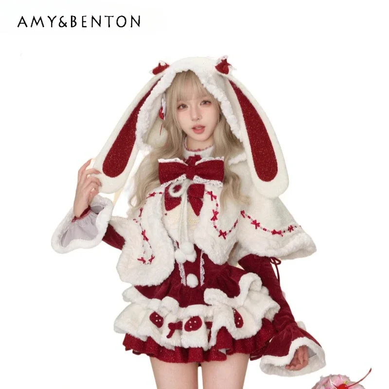 

2024 New Japanese Autumn and Winter Plush Rabbit Ear Cape with Sleeveless Red Velvet Suspender Bow Waist Thin Dress For Women