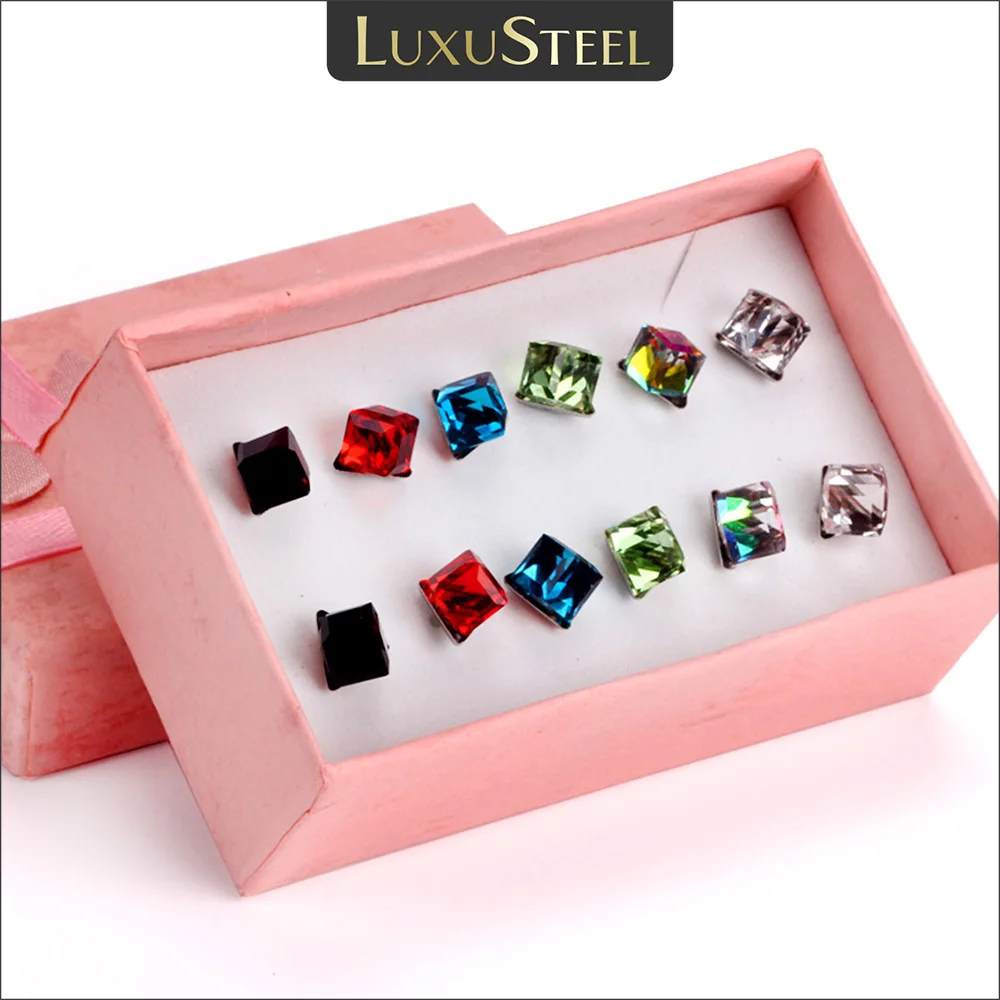 LUXUSTEEL Korean Fashion Colorful Square Cube CZ Earrings Set Stainless Steel Push Back Silver Color Stud Earring 6Pairs 4mm/6mm