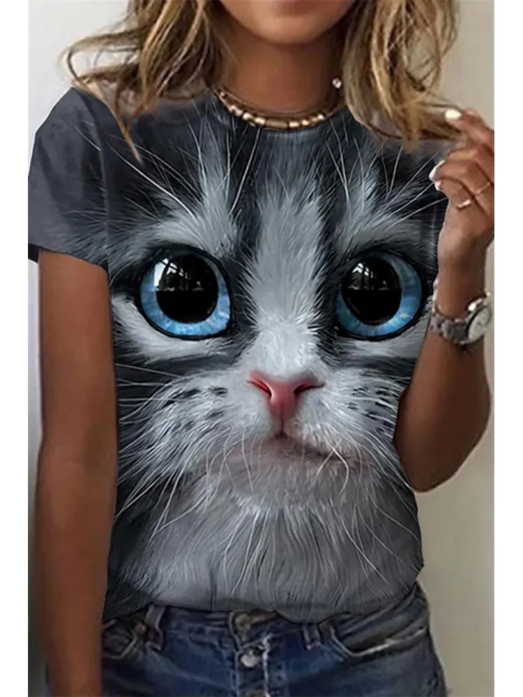 

2025 New Summer Women's T-Shirt Fashion Cat Pattern Print Tops Outdoor Casual Short Sleeve Tee Animal Graphic T Shirts Clothing