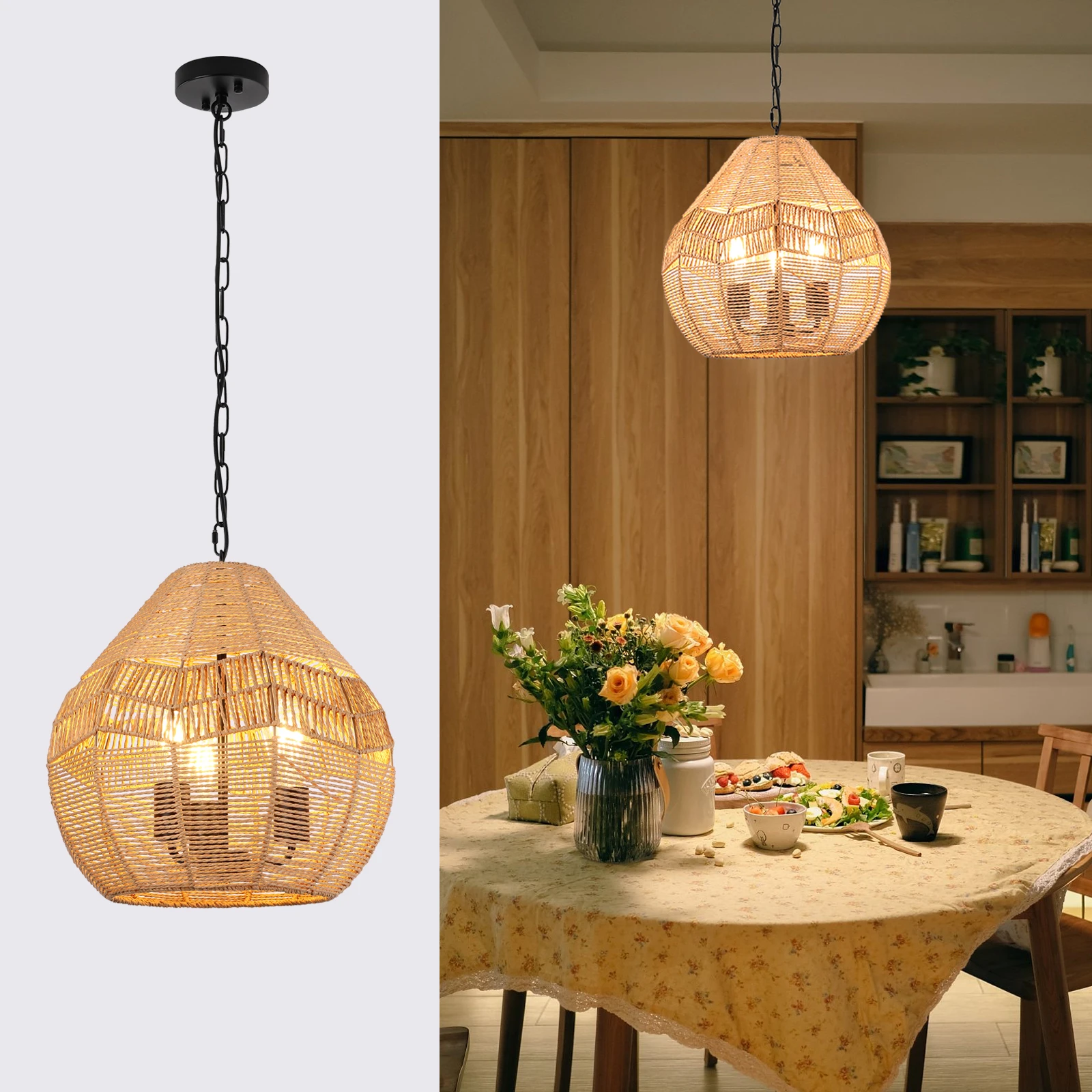 

3-Light Rattan Pendant Light, 15.7In Rattan Woven Pendant Light Fixtures, Farmhouse Handwoven Large Rattan Lamp Shadefor Dinning