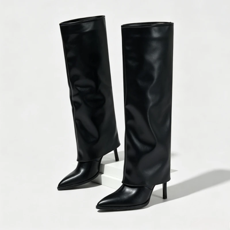 Black Leather Thin Heeled Knee High Boots Women Winter Designer Boot Wide Fashion Sexy Pointed Toe Long Boots Botas Feminina