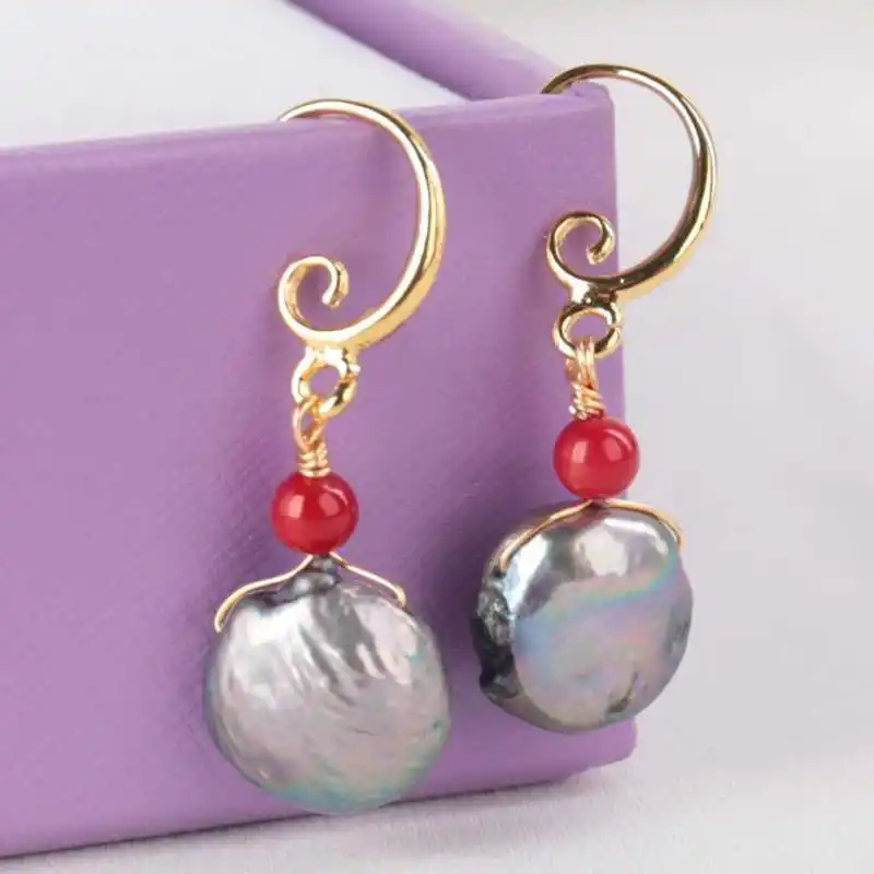 

Handmade peacock blue freshwater coin pearl earrings 18K Drop Stud Office Hoop Teens Silver Bridal Casual Wedding Modern