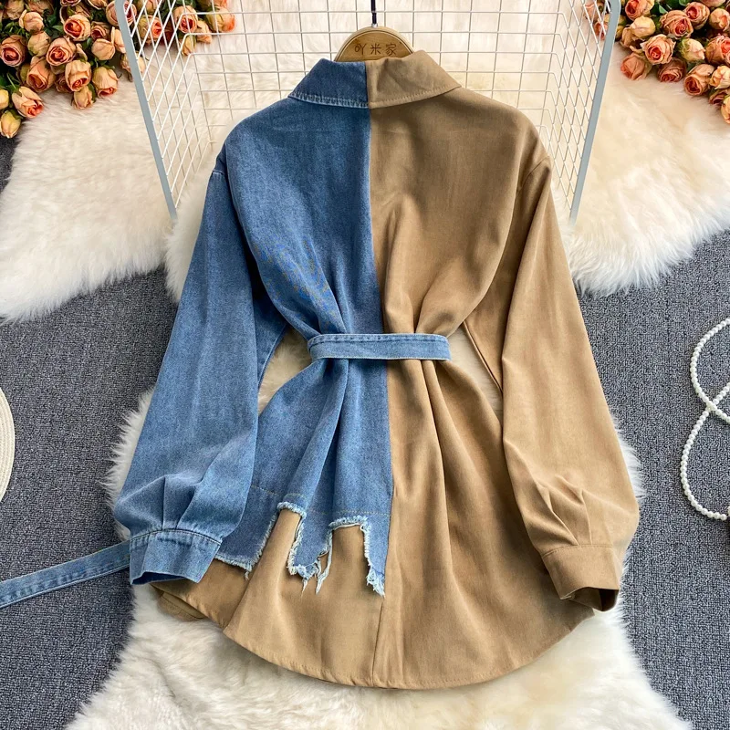 Denim Patchwork Corduroy Shirt Dress With Belt New Trendy Women's Spring Autumn Slim Irregular Design Single Breasted Dresses