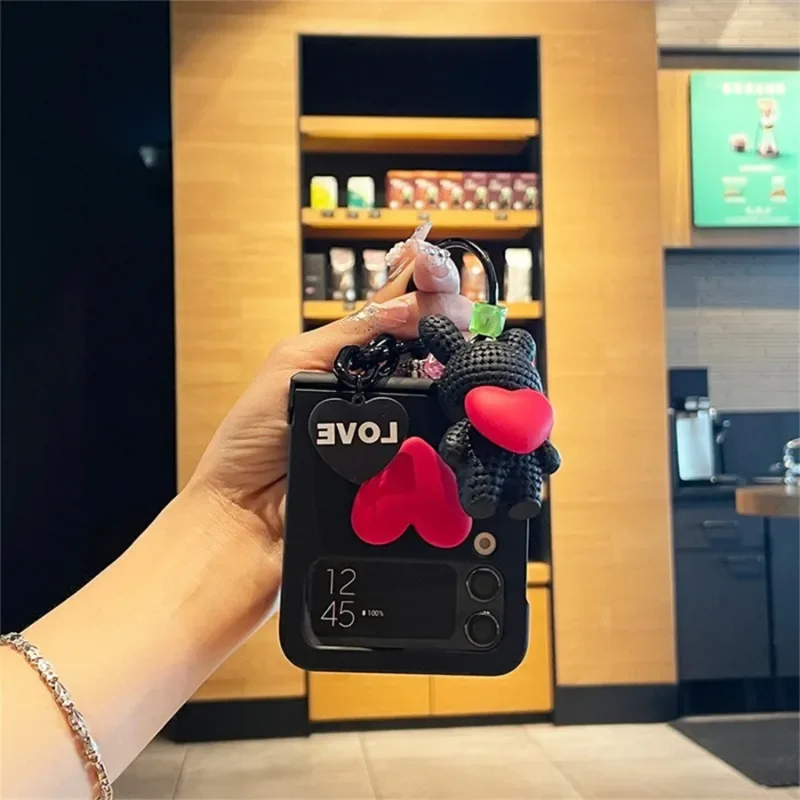 เกาหลีน่ารัก 3D หัวใจสีแดงรักสานหมีจี้สําหรับ Samsung Galaxy Z Flip 3 Flip4 กันกระแทก