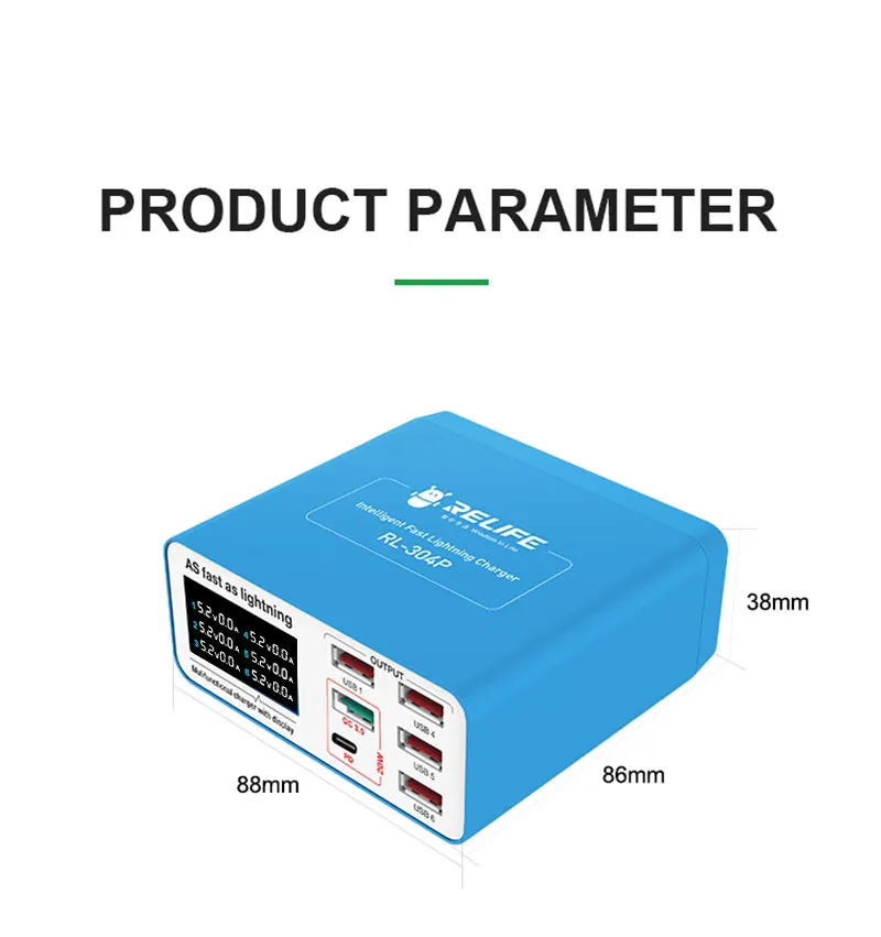 RELIFE RL-304P PD3.0+QC3.0 Smart 6 Port USB Digital Display Charger Quick Charger for Android Phone Tablets Fast Charger
