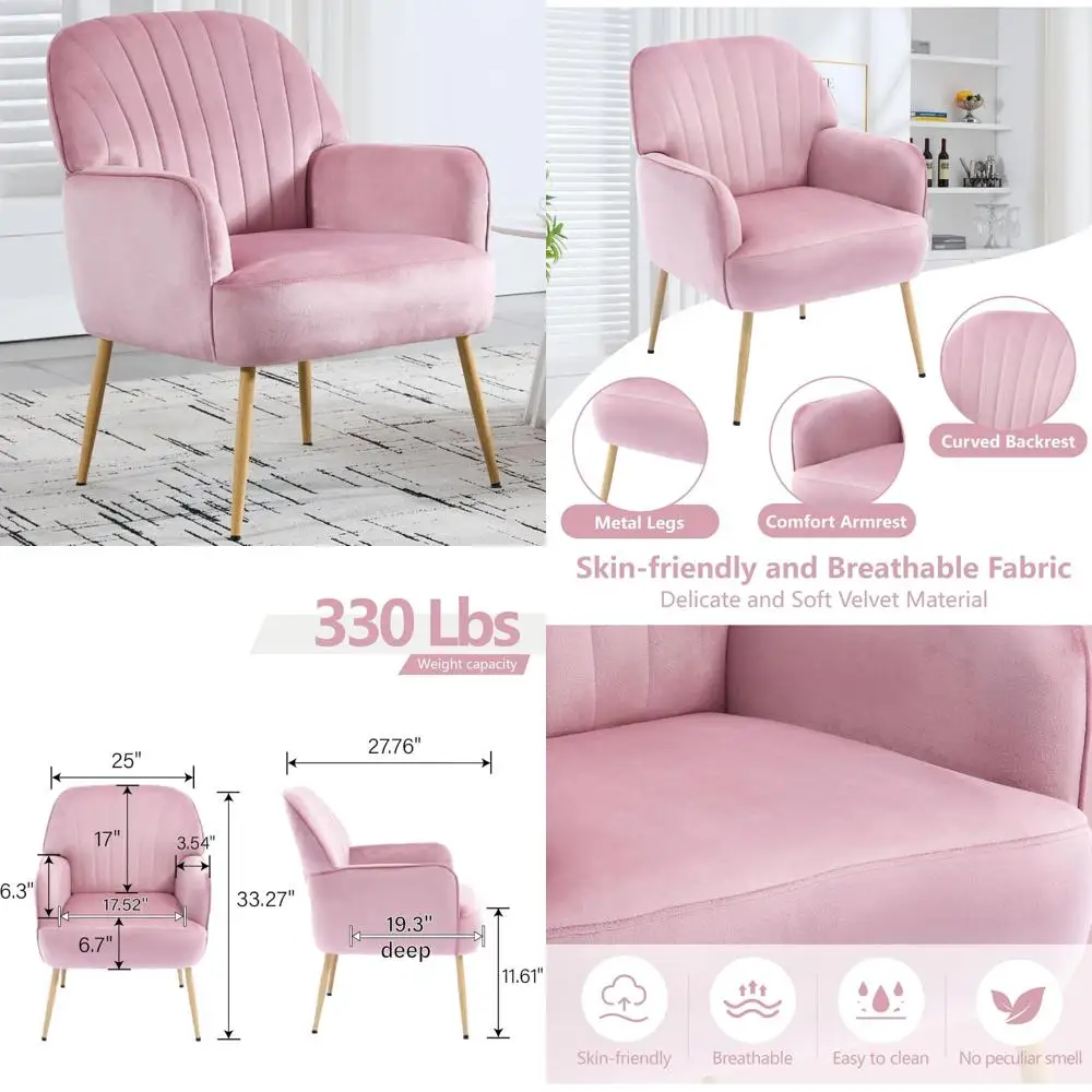 Modern Velvet Upholstered Armchair, Comfortable Barrel-Shaped Sofa for Living Room Reading with Metal Legs