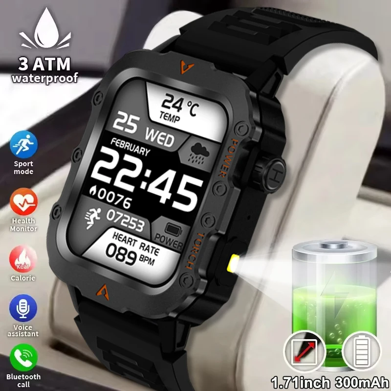 

Новинка 2025 года, военные умные часы для мужчин, фонарик Xiaomi, 1,71 дюйма, 266*266, Bluetooth-вызов, мониторинг здоровья, многофункциональные часы