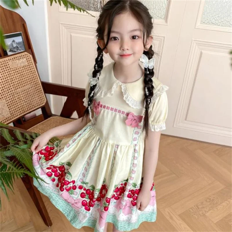 Girls Cherry Box Bow Lace Lapel Dress Princess Dress cotton print dress