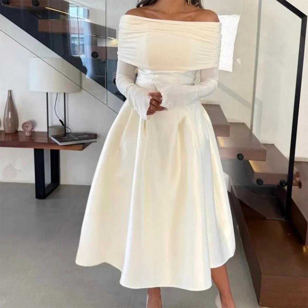 

Customized White A-Line Prom Dresses Tea-Length Boat Neck Full Sleeve Evening Gown Fashion Draped Sexy Backless Party Gown
