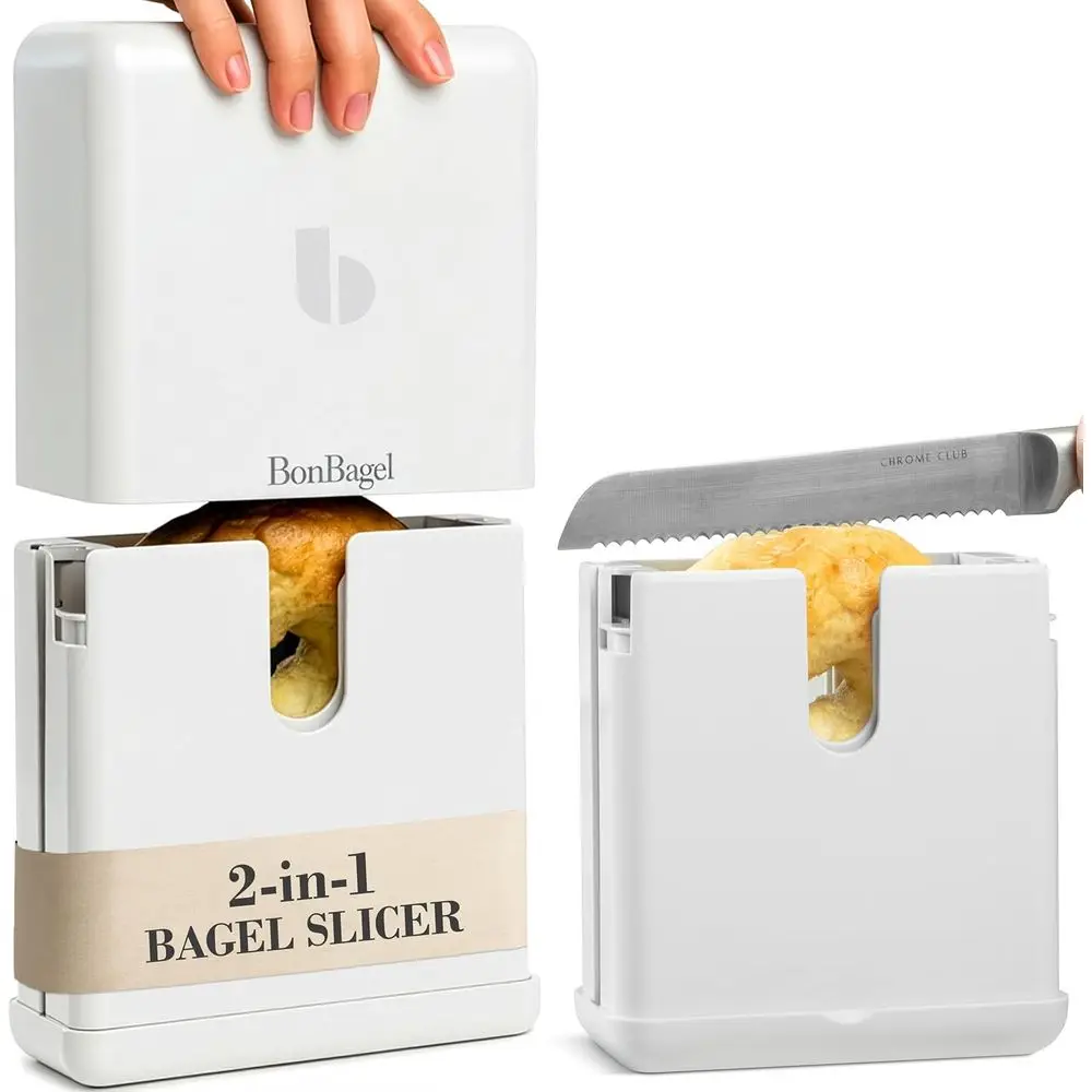 

Precision Bagel Slicer with Auto-Center Holder – Compact 7-Inch Space-Saving Design for Even Cutting Large and Small Bread at Ho