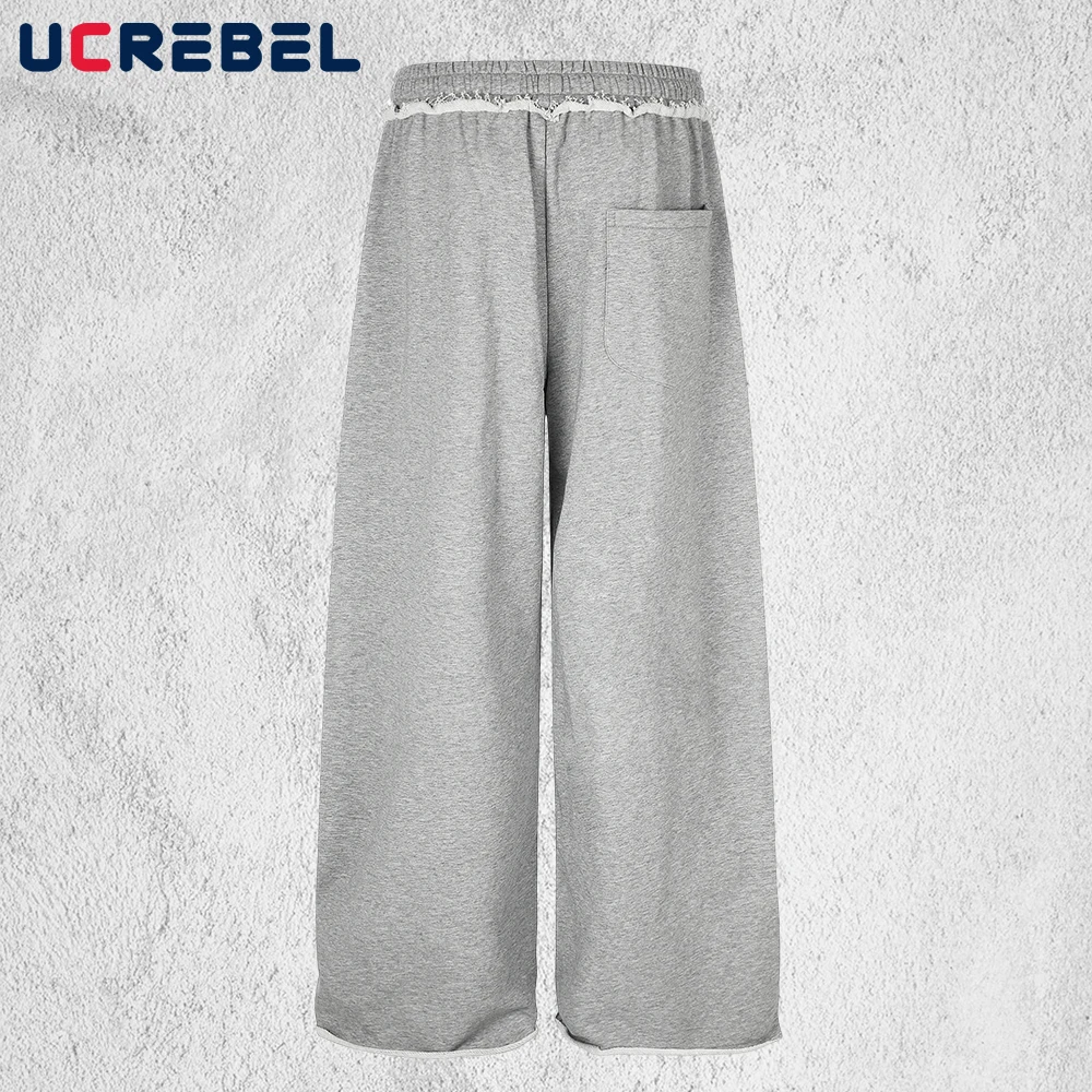 Contrast Star Patch Sweatpants Mens Raw Edge Elastic Waist Sports Straight-leg Trousers Man